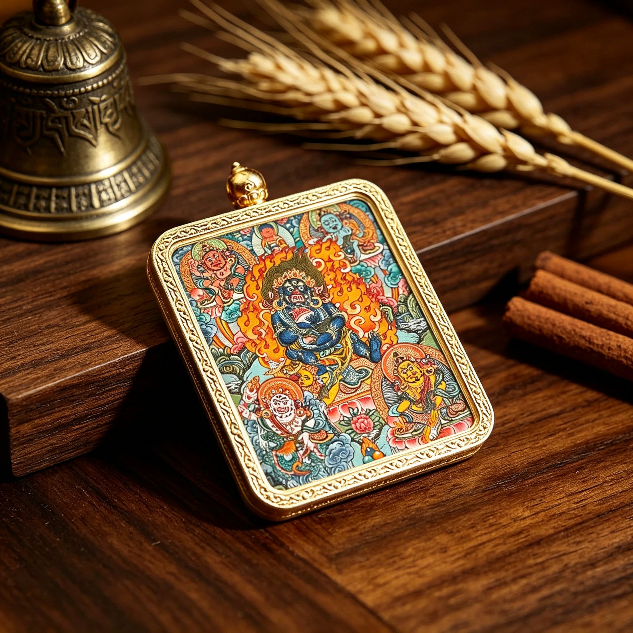 Hand-painted Mahakala miniature pendant displayed on a wooden surface