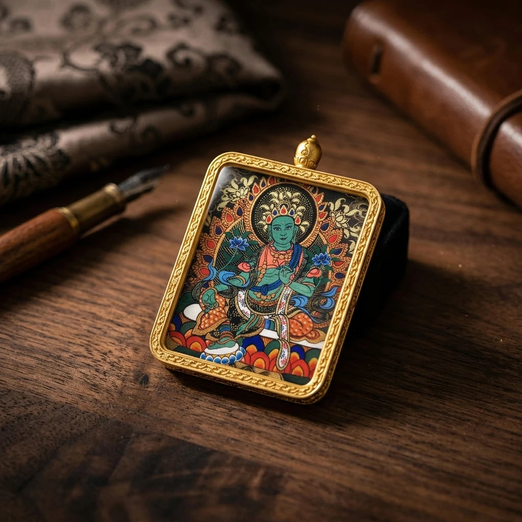 Hand-Painted Tibetan Miniature Art Pendant — Green Tara