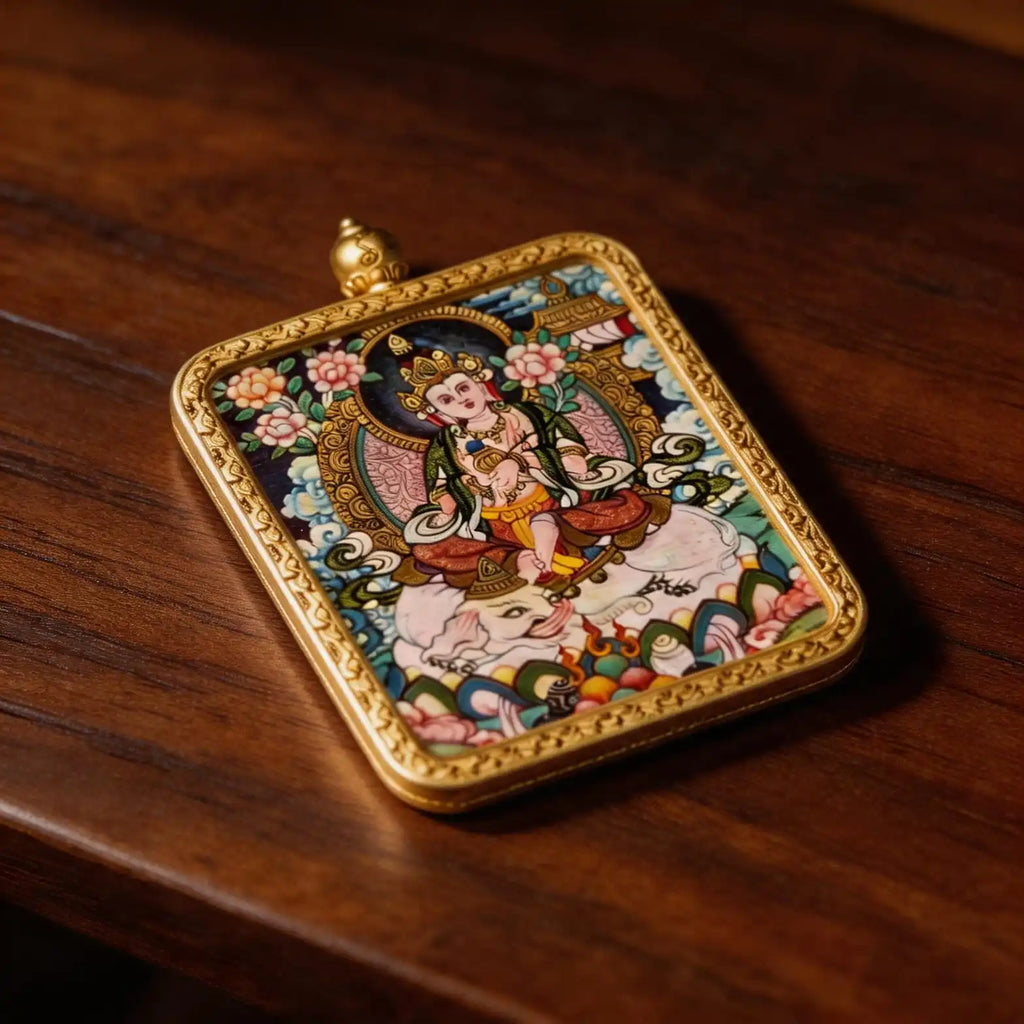 Hand-Painted Tibetan Miniature Art Pendant — Samantabhadra