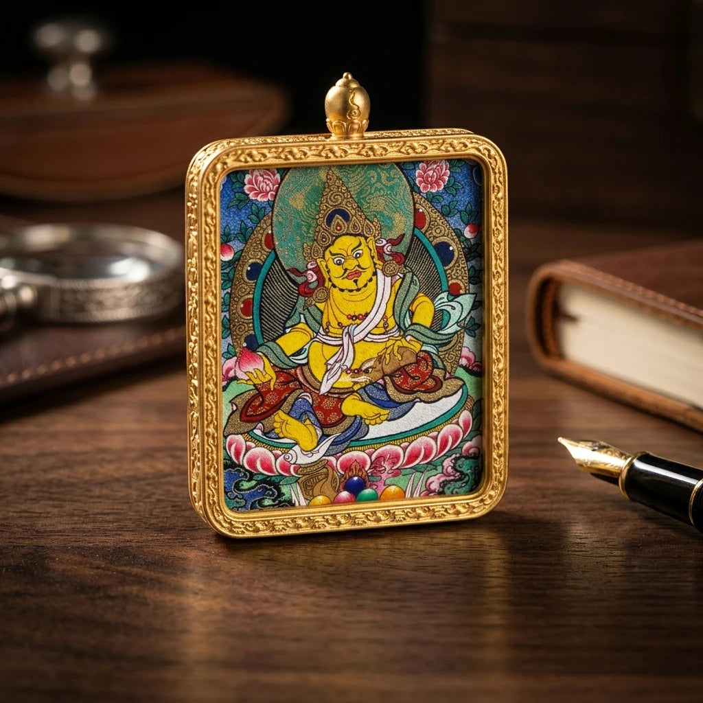 Hand-Painted Tibetan Miniature Art Pendant — Yellow Jambhala