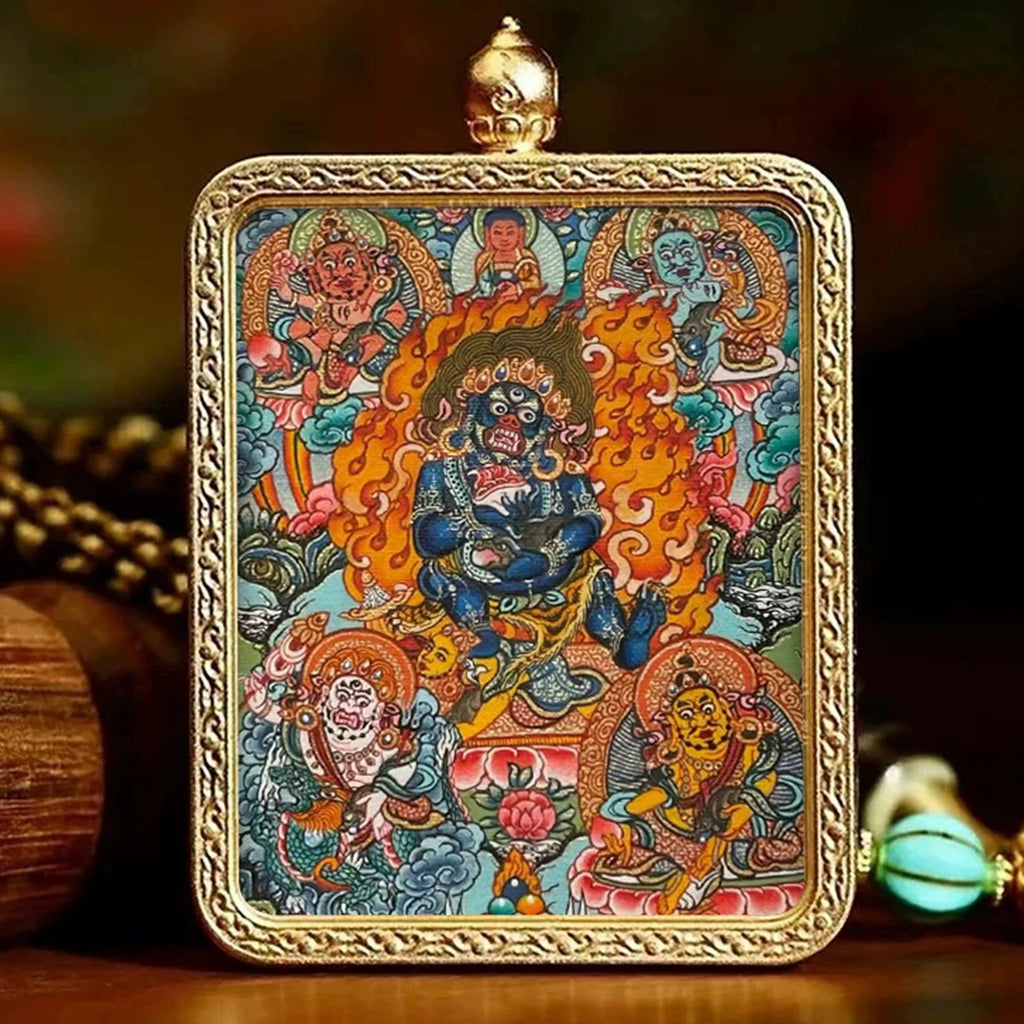 Hand-painted Mahakala miniature thangka pendant, front view