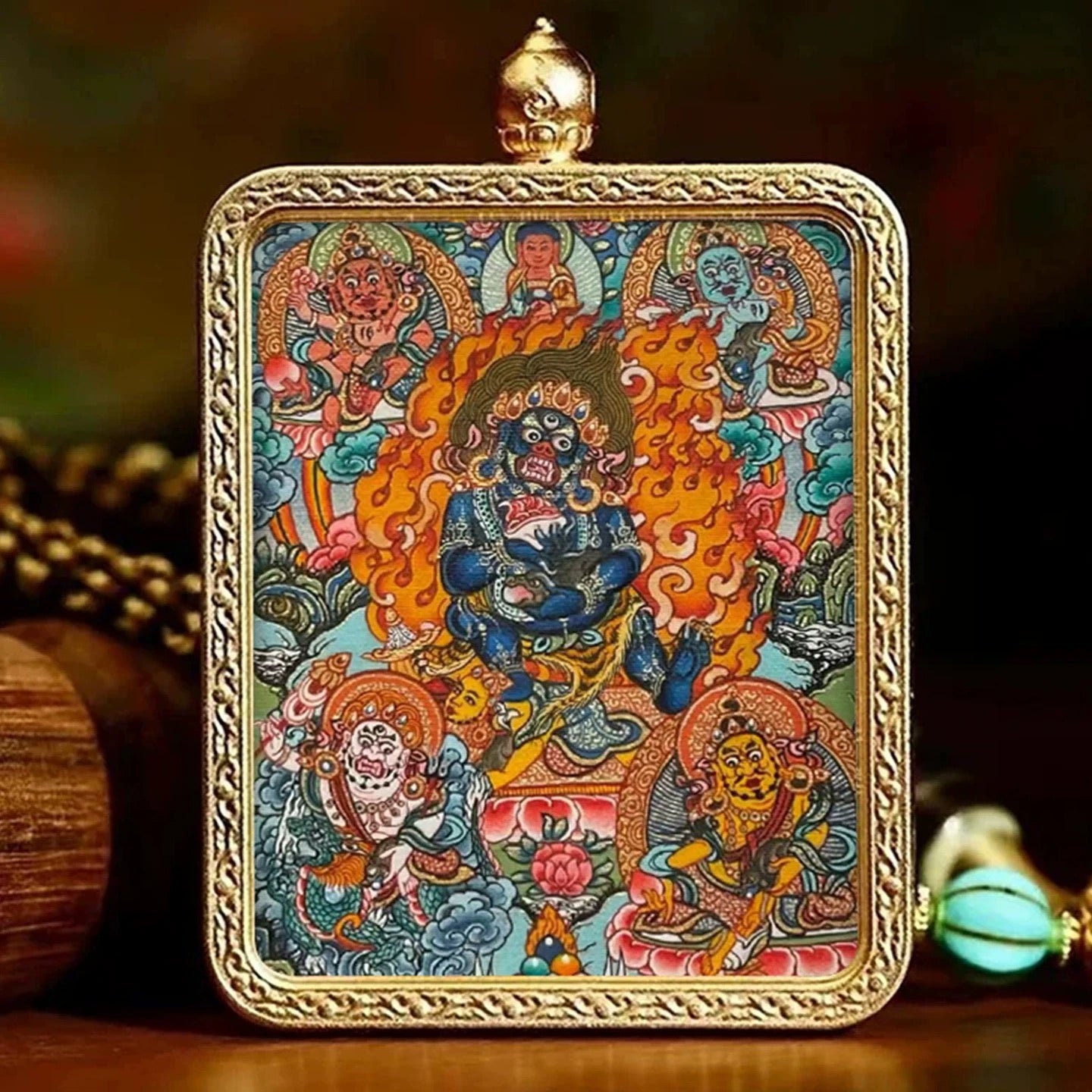 Hand-painted Mahakala miniature thangka pendant, front view
