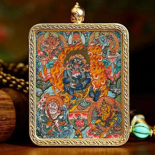 Hand-painted Mahakala miniature thangka pendant, front view